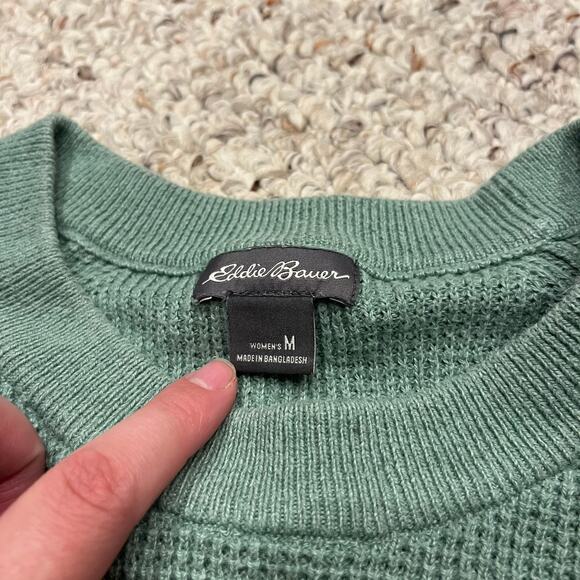 Eddie Bauer Cotton Blend Waffle Knit Sweater Sz M Green Casual Fall Cozy - Picture 2 of 6